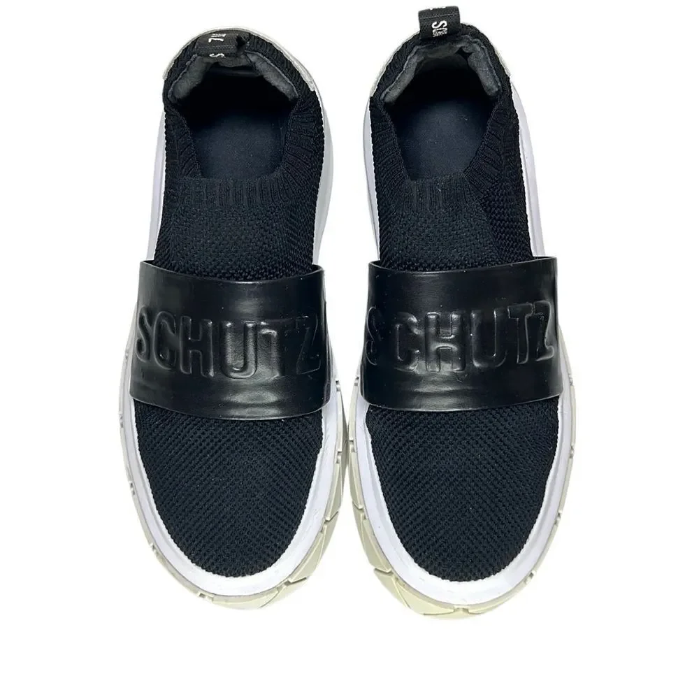 Schutz - Tennis Platform Shoes w/ Logo Strap, Knit, Slip On - Size 7.5, Black - Picture 2 of 16